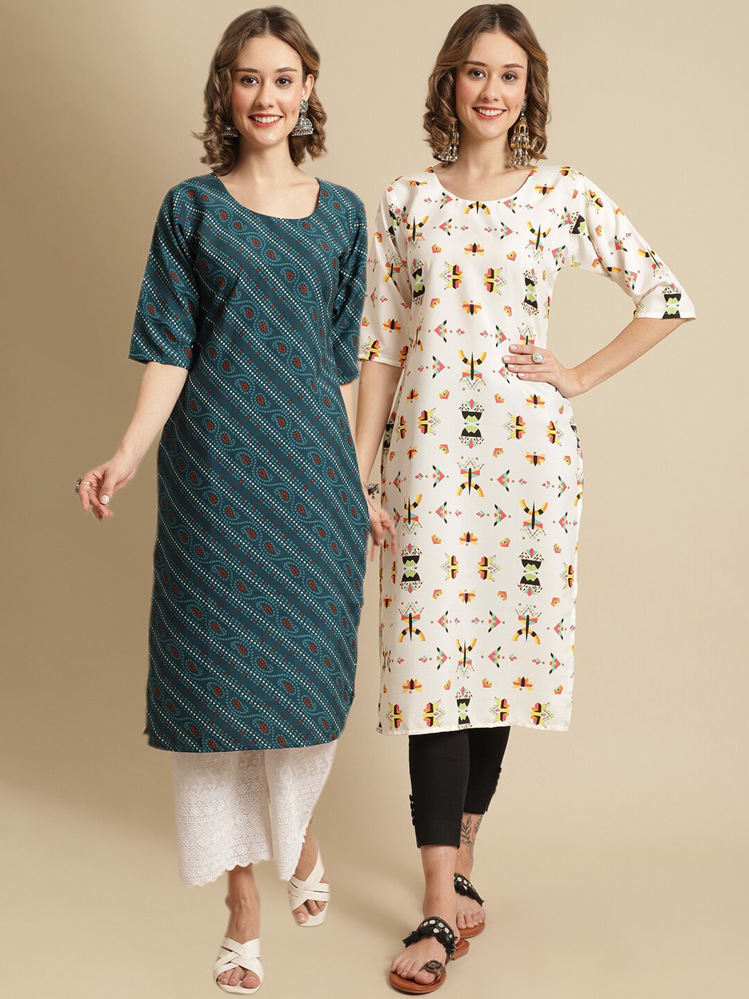 

KALINI Women Teal & Off Abstract Set Of 2 Printed Block Print A-Line Kurtas