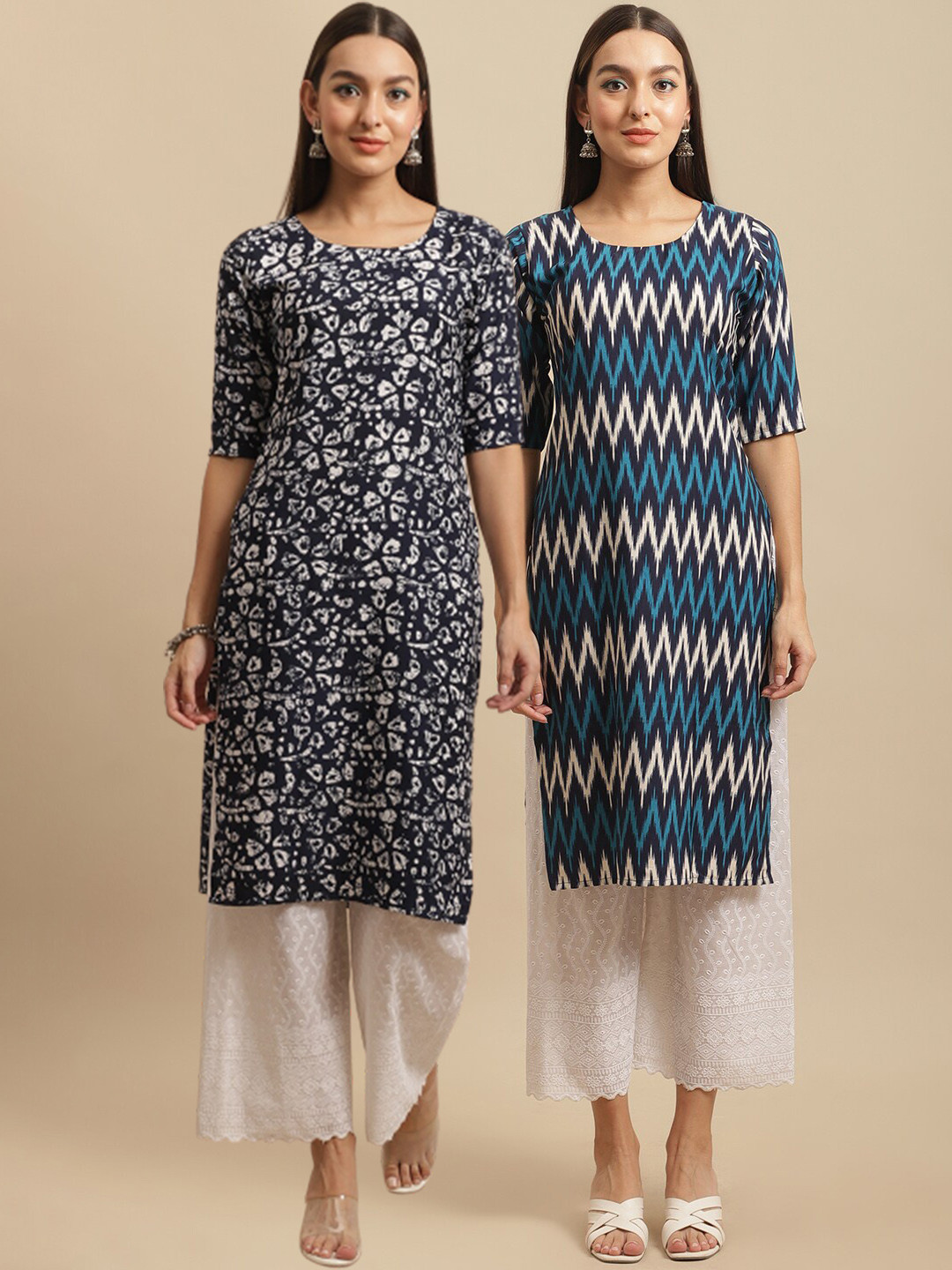 

KALINI Women Black & Blue Set Of 2 Geometric Printed Kurtas
