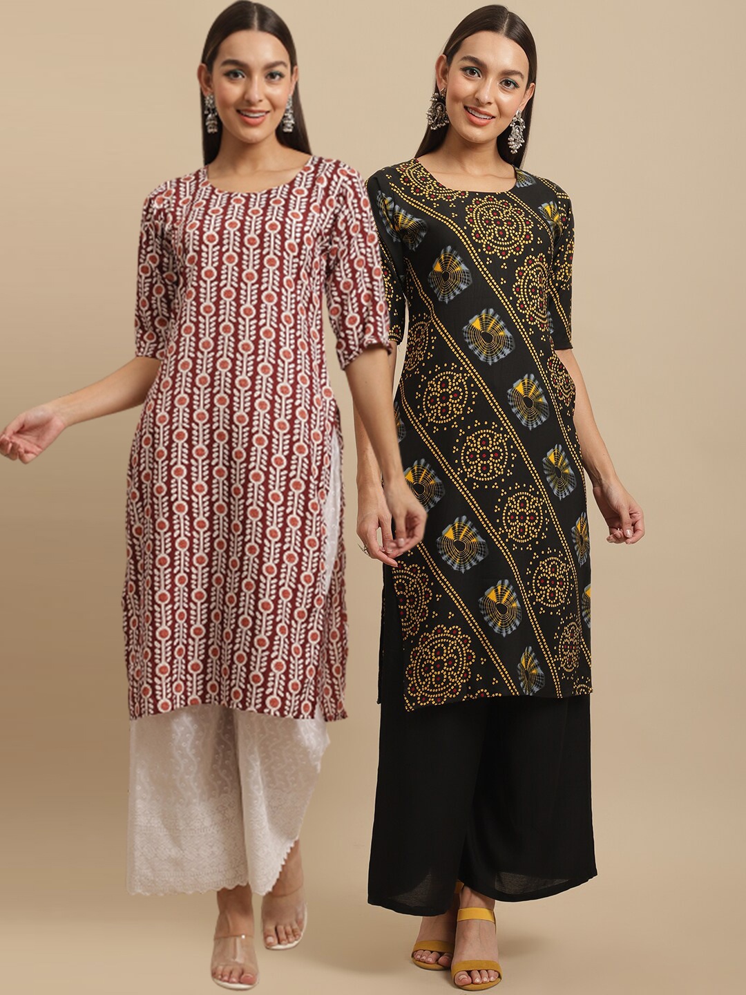 

KALINI Women Maroon & Black Pack Of 2 Ethnic Motifs Printed Handloom Crepe Kurta