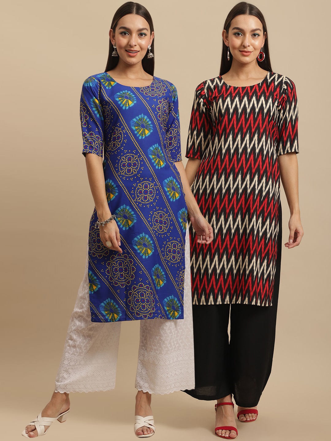 

KALINI Women Blue & Red Ethnic Motifs Printed Block Print Handloom Crepe Kurta