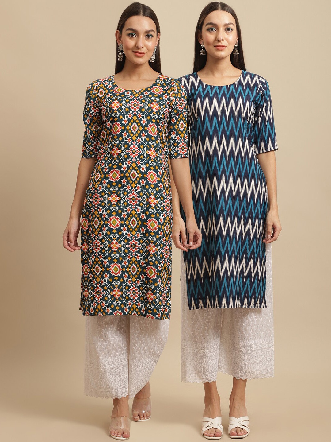 7Threads Women Orange & Blue Geometric Block Print Handloom Crepe Kurta