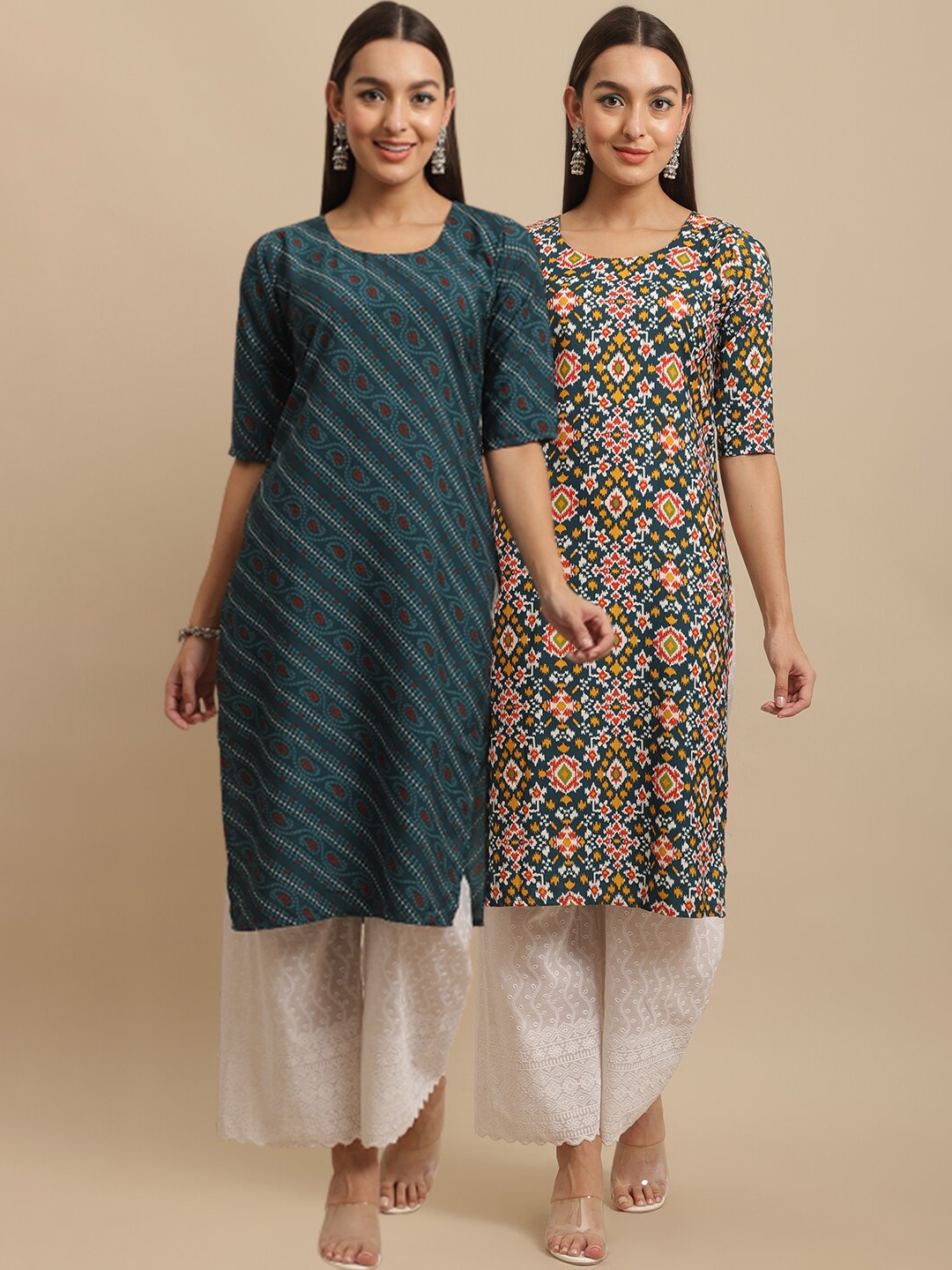 

7Threads Women Green & Orange Ethnic Motifs Printed Block Print Handloom Crepe Kurta