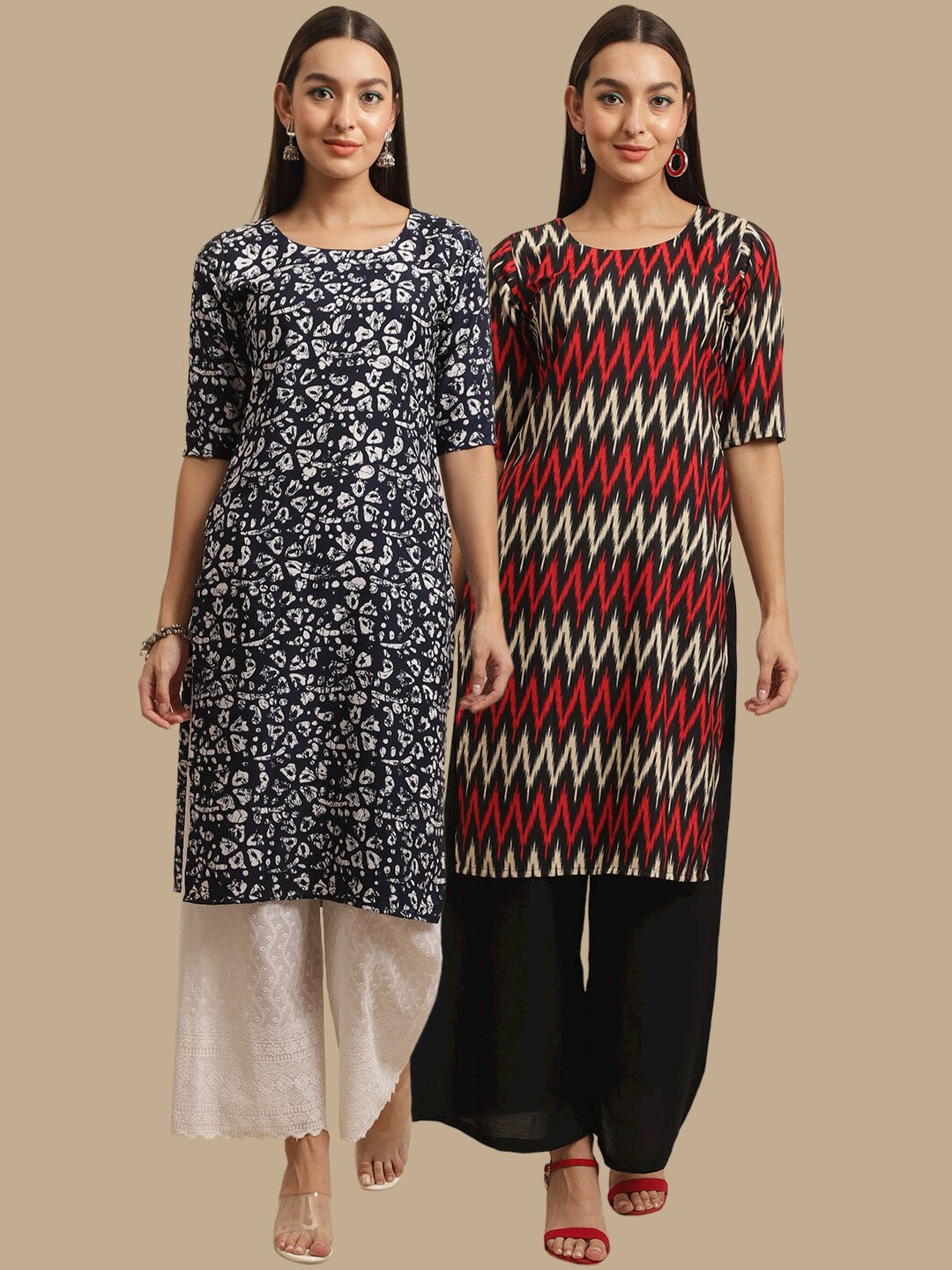 

7Threads Women Black & Red Geometric Printed Block Print Handloom Crepe Kurta
