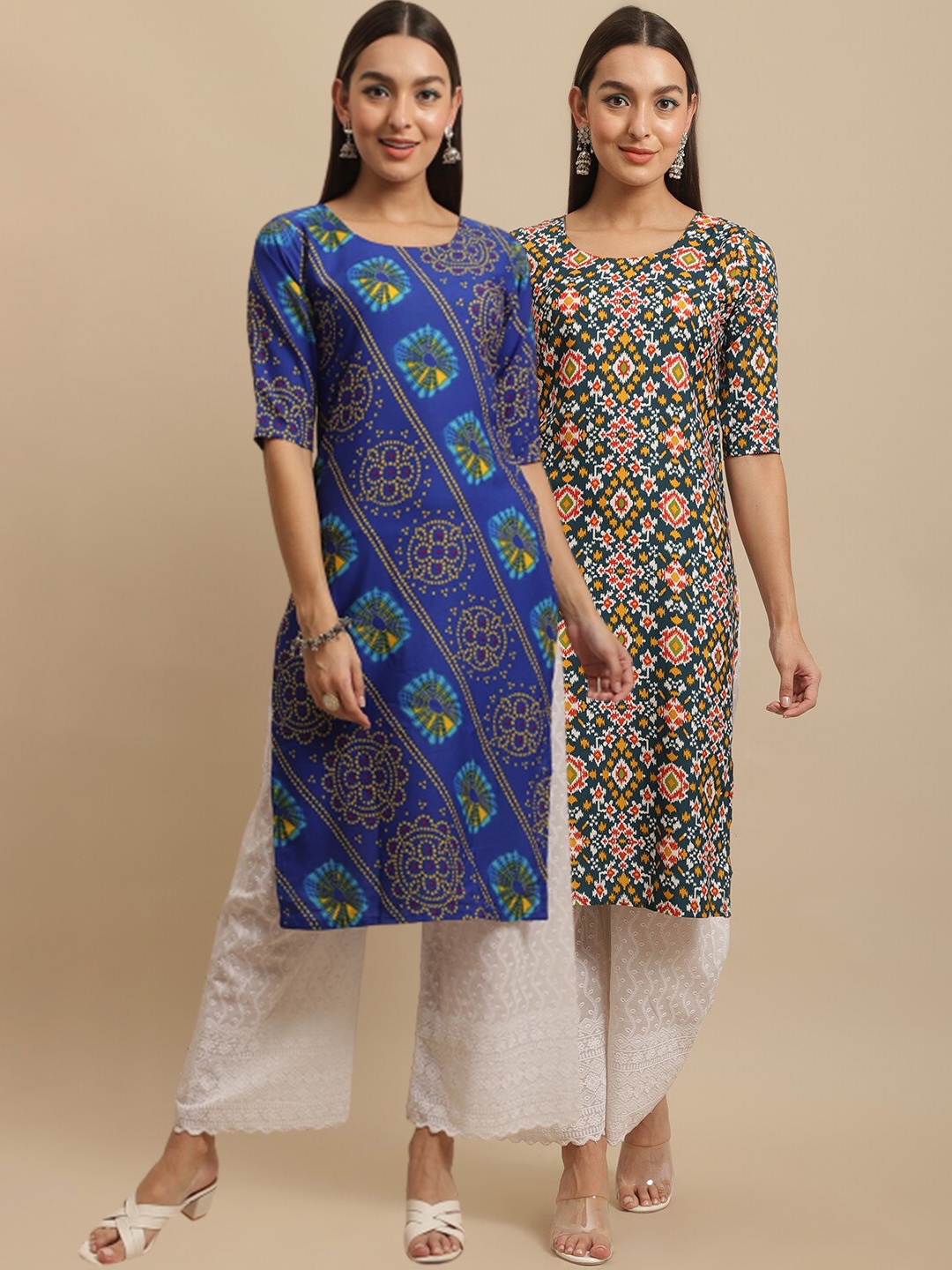 

7Threads Women Blue & Green Ethnic Motifs Printed Block Print Handloom Crepe Kurta