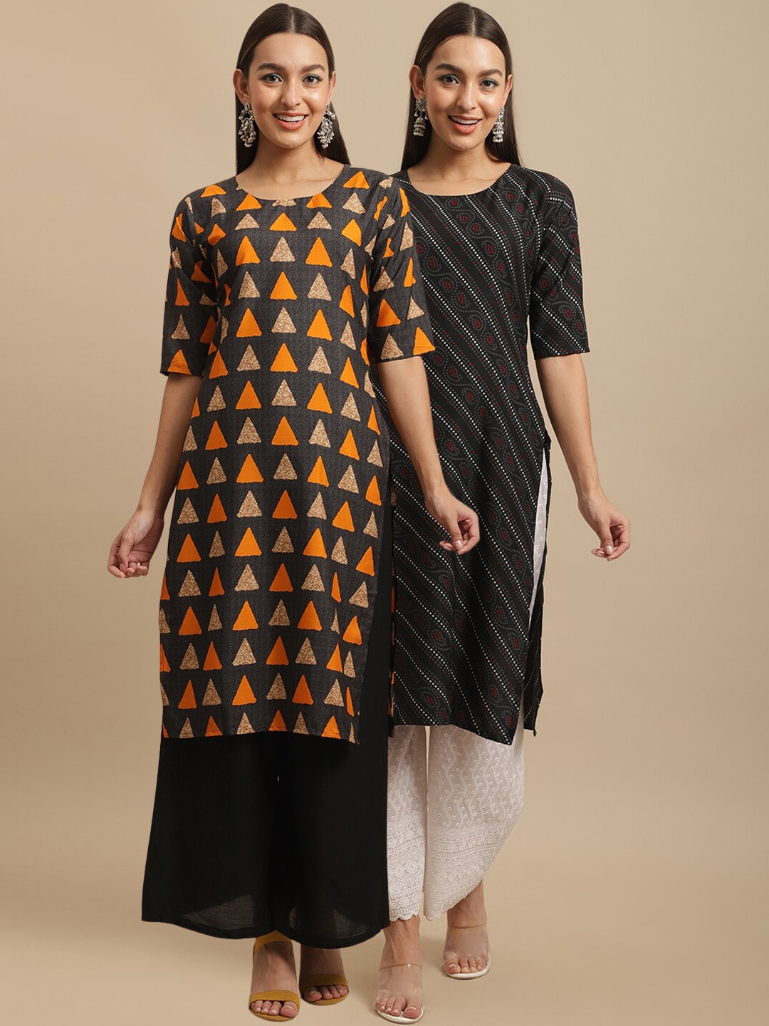 7Threads Women Black & Orange Striped Block Print Handloom Crepe Kurta