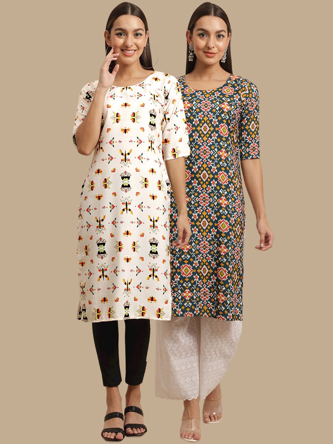 7Threads Women Multicoloured Ethnic Motifs Printed Block Print Handloom Crepe Kurta, Multi