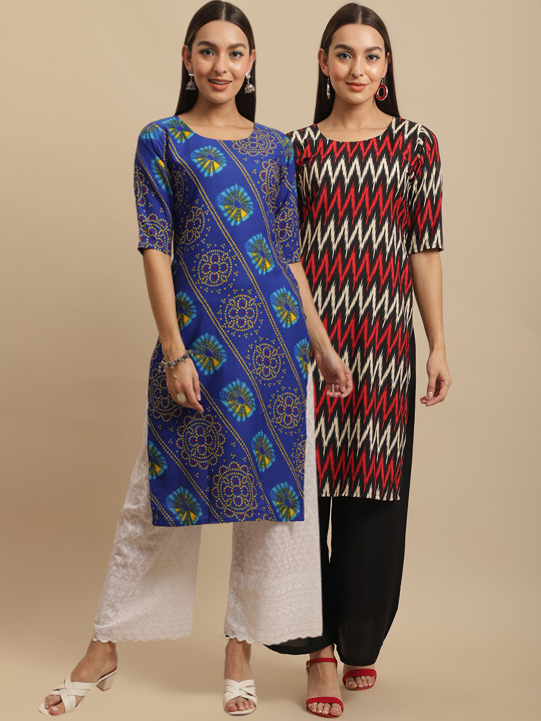 

7Threads Women Multicoloured Bandhani Printed Keyhole Neck Thread Work Block Print Handloom Crepe Kurta, Multi