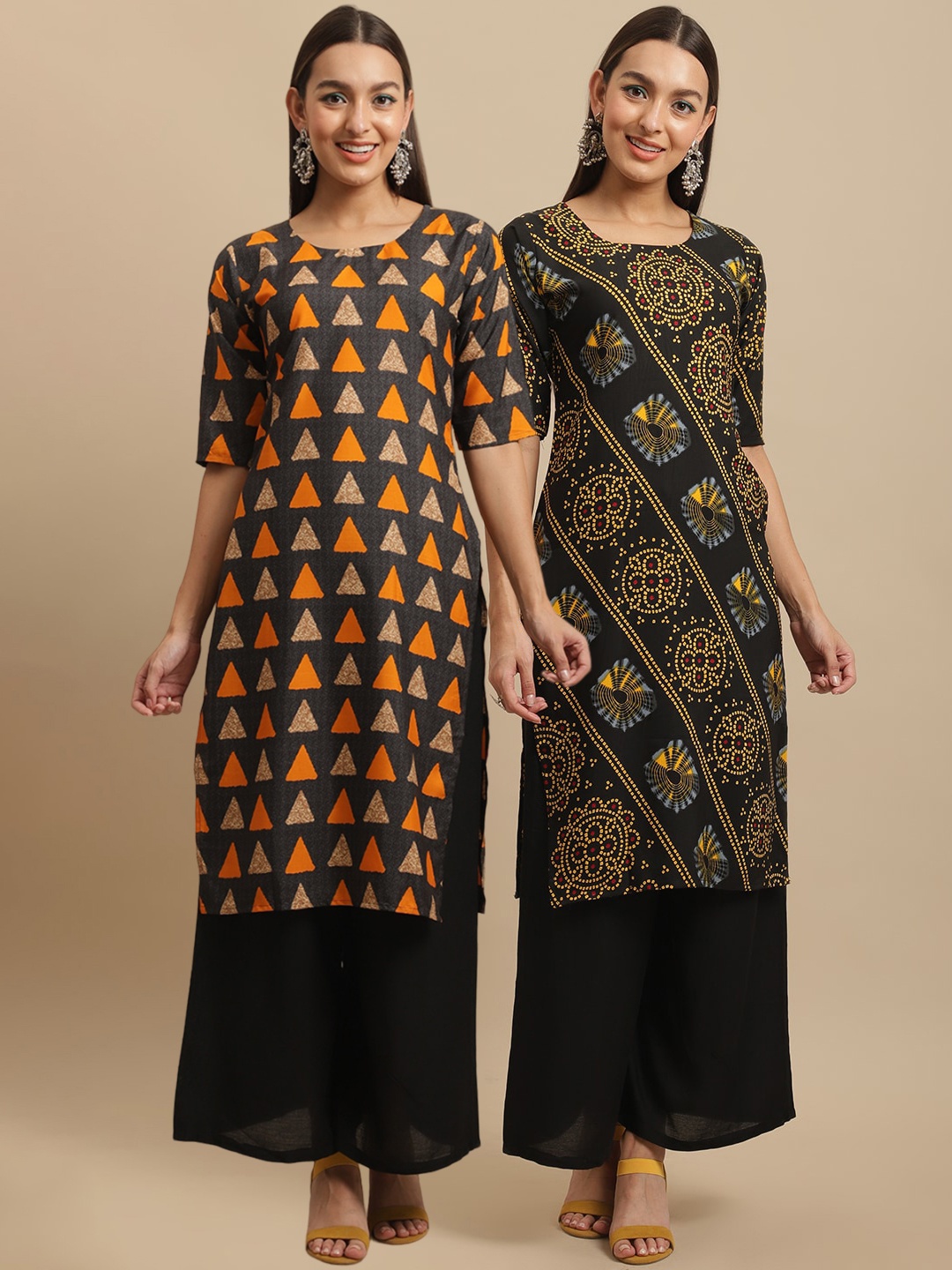 

7Threads Women Black & Yellow Pack of 2 Digital Printed Straight Kurtas