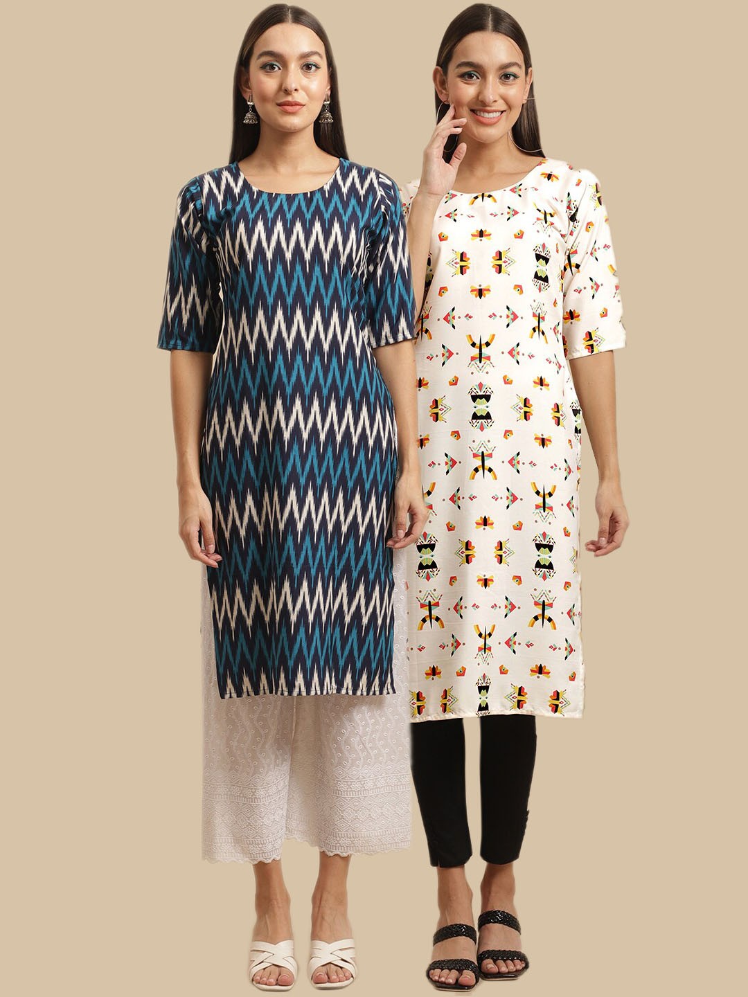 

7Threads Pack Of 2 Digital Printed Straight Fit Crepe Kurtas, White