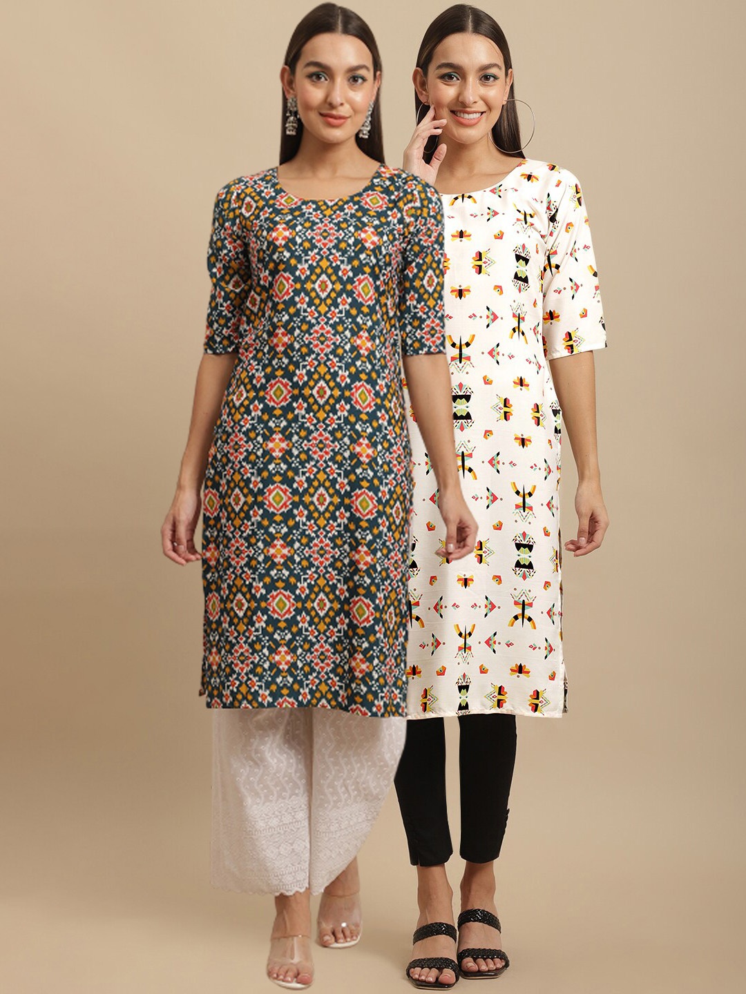 7Threads Pack Of 2 Digital Printed Straight Fit Kurtas, White