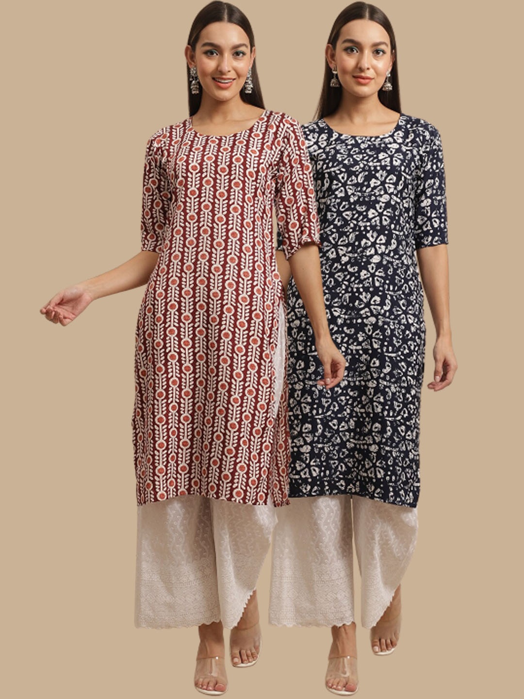 

7Threads Pack of 2 Digital Ethnic Motifs Printed Straight Kurtas, Maroon