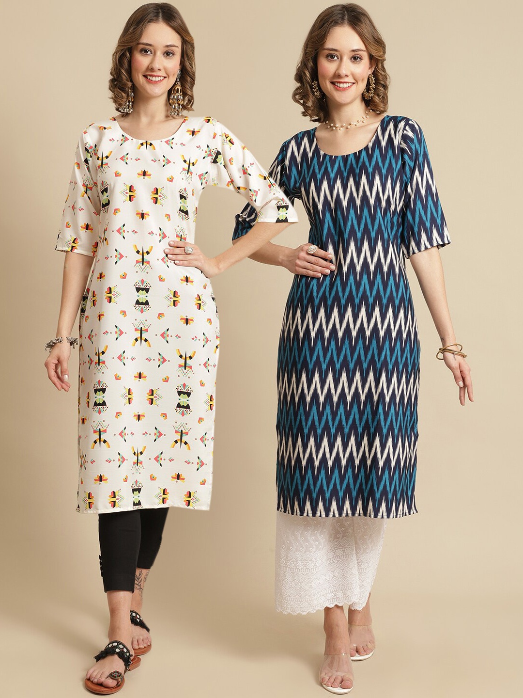 

7Threads Women Off White & Navy Blue Pack Of 2 Geometric Printed Crepe Kurta