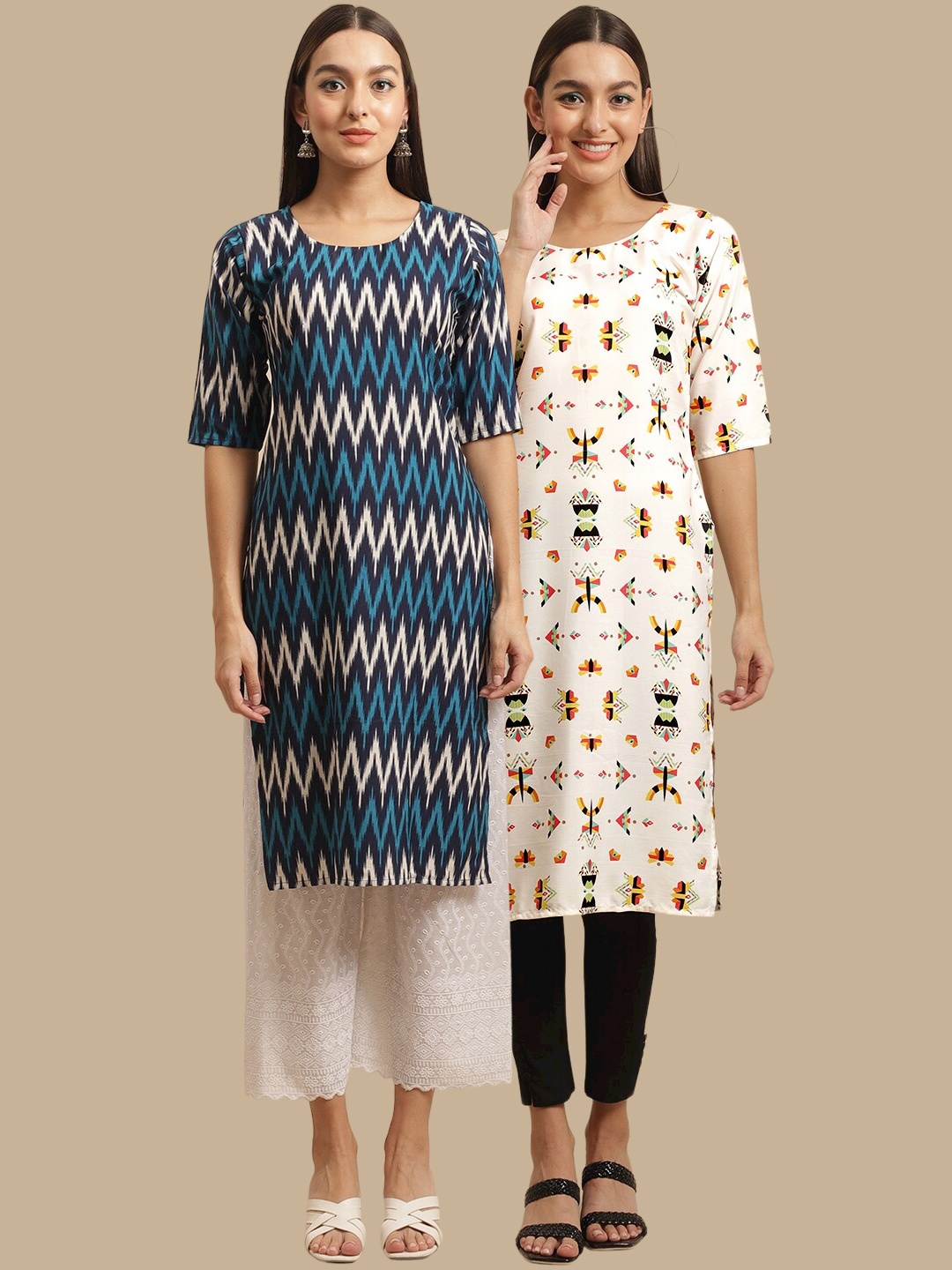 

7Threads Women Navy Blue & Off White Pack Of 2 Geometric Printed Crepe Kurta