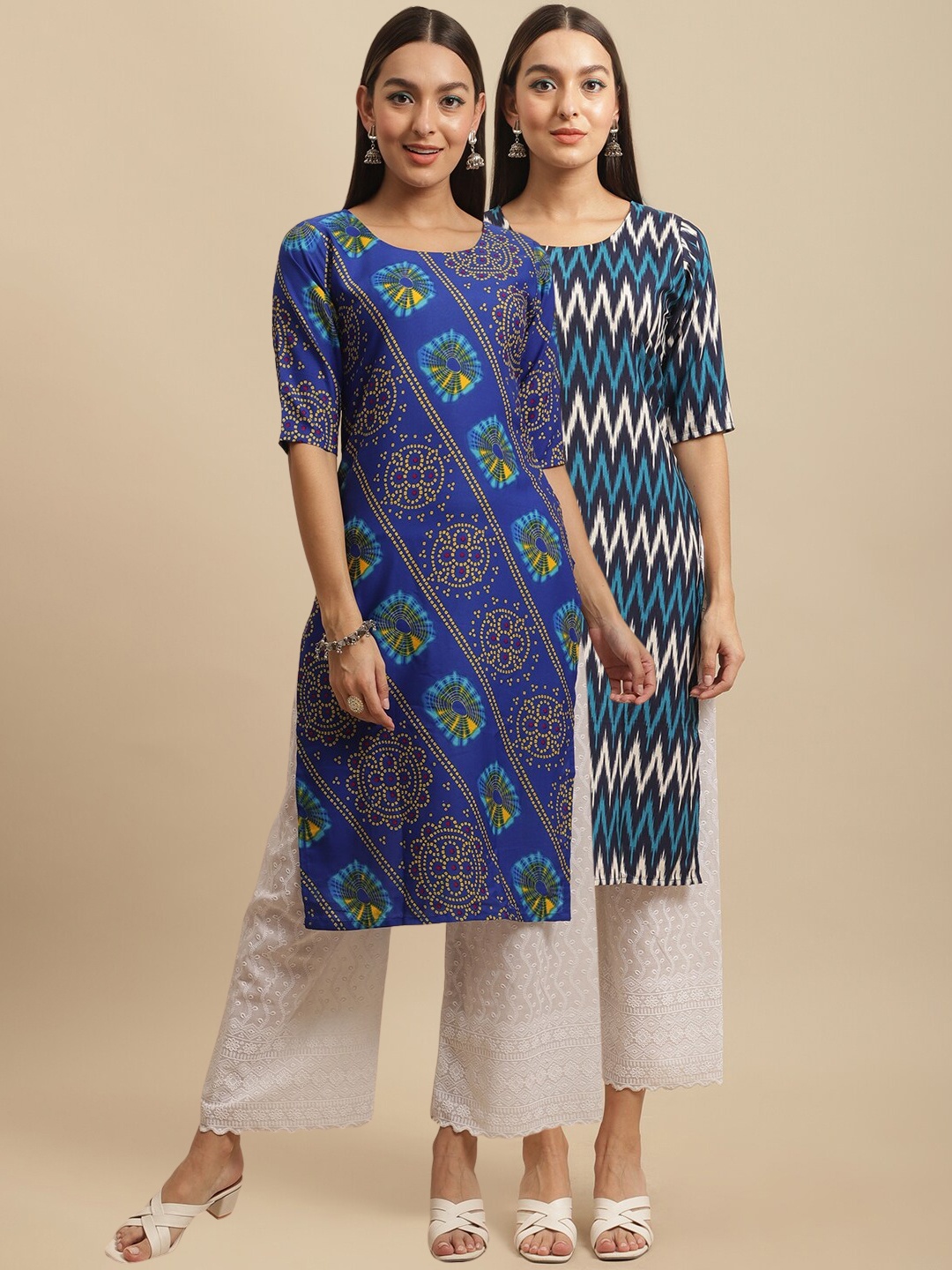 

7Threads Women Blue & Navy Blue Pack Of 2 Geometric Printed Crepe Kurta