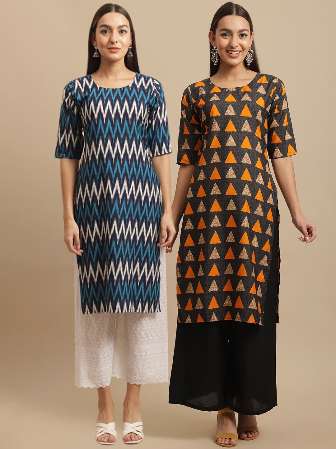 

7Threads Women Navy Blue & Charcoal Pack Of 2 Geometric Printed Crepe Kurta