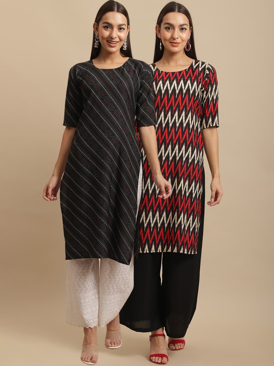 

7Threads Women Charcoal & Black Pack Of 2 Geometric Printed Crepe Kurta