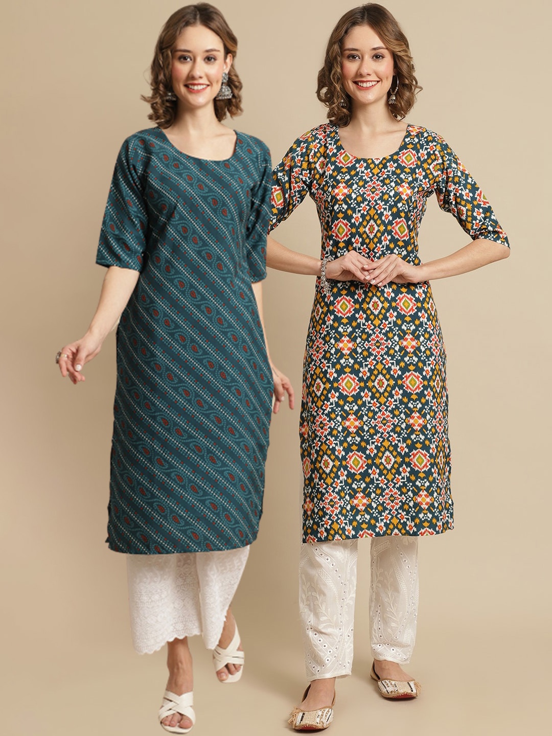 

7Threads Pack Of 2 Ethnic Motifs Printed Crepe Kurta, Green