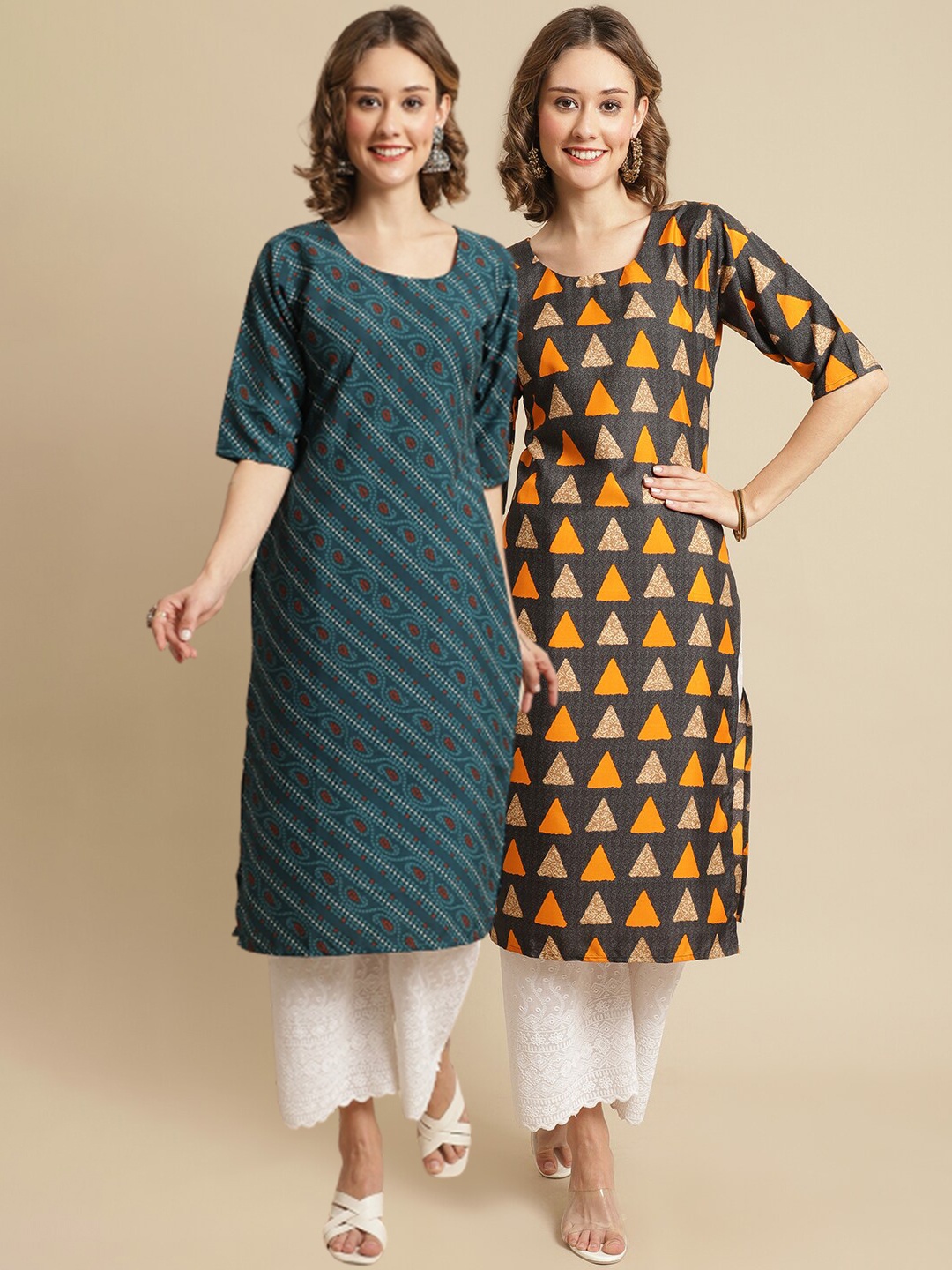 

7Threads Pack Of 2 Geometric Printed Straight Regular Crepe Kurta, Green