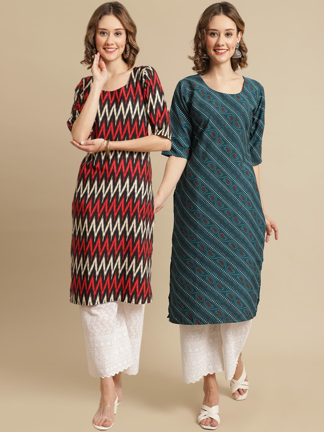 

7Threads Pack Of 2 Ethnic Motifs Printed Straight Regular Crepe Kurta, Black