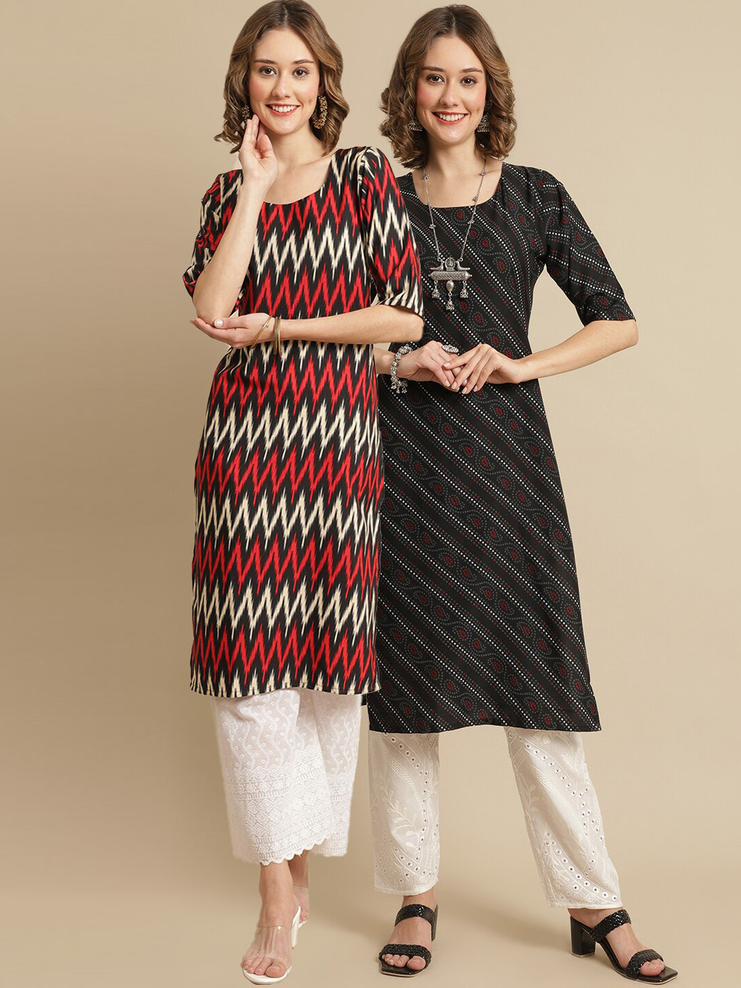 

7Threads Pack Of 2 Striped Printed Round Neck Kurtas, Black