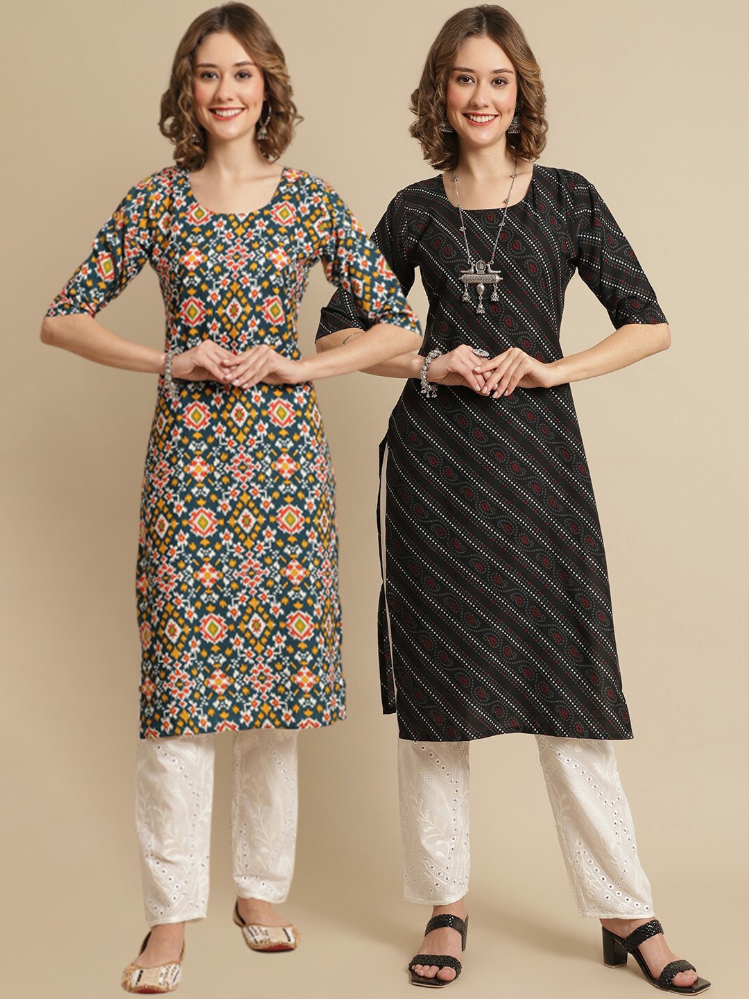 

7Threads Pack Of 2 Ethnic Motifs Printed Straight Regular Crepe Kurtas, Green