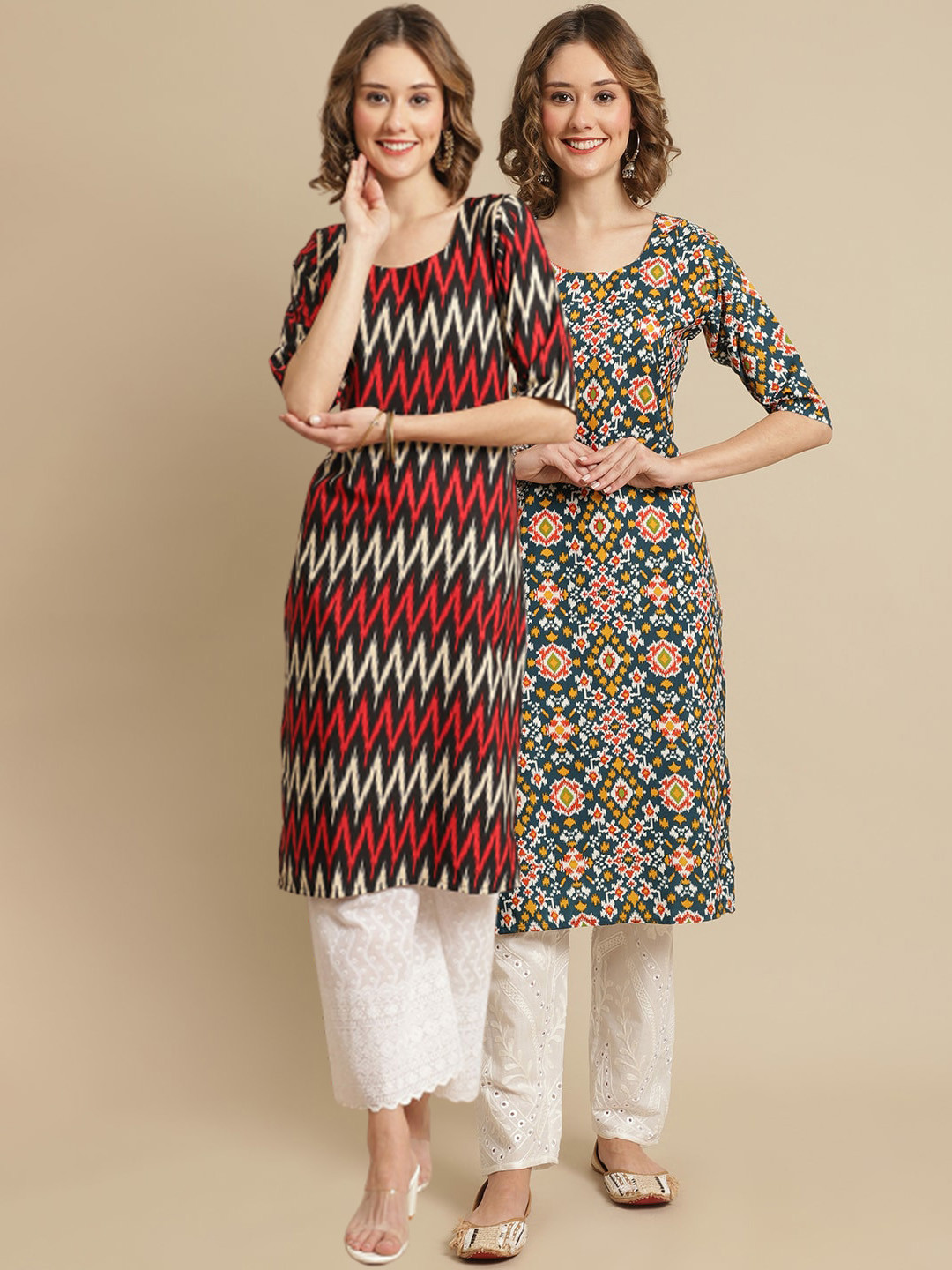 

7Threads Pack Of 2 Ethnic Motifs Printed Straight Regular Crepe Kurtas, Black