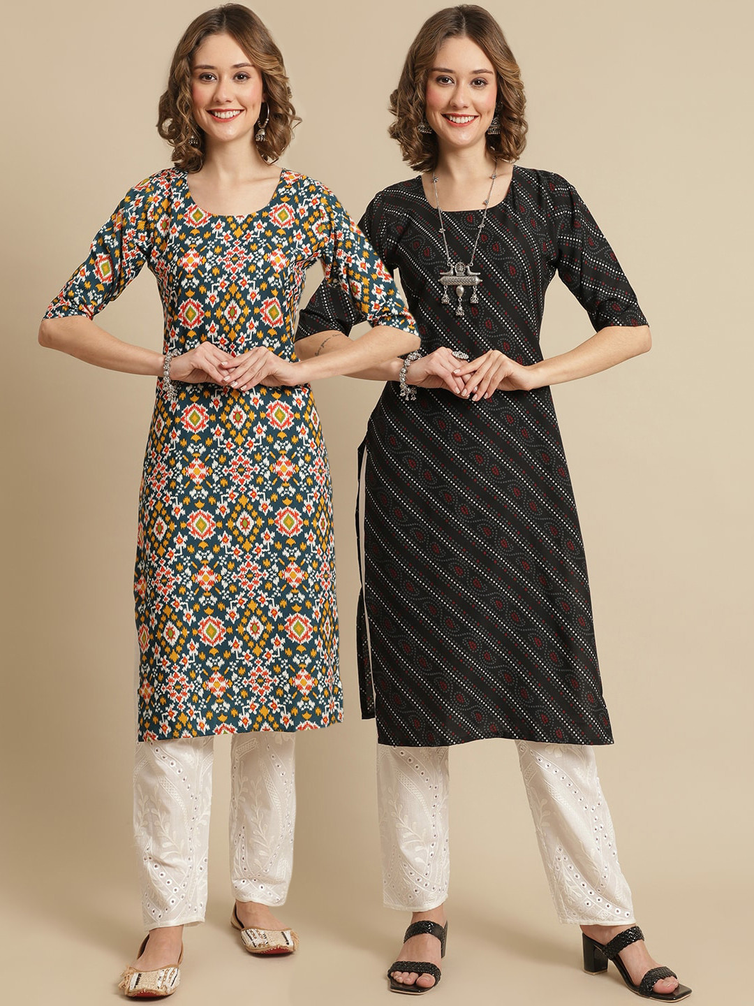

7Threads Pack Of 2 Ethnic Motifs Printed Straight Crepe Kurtas, Green