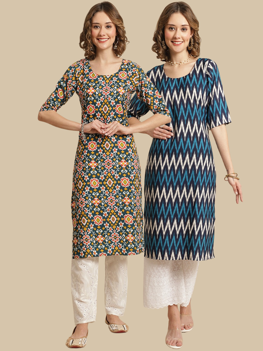 

7Threads Pack Of 2 Ethnic Motifs Printed Straight Regular Crepe Kurtas, Green
