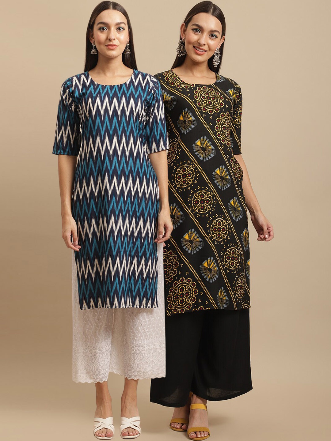 

7Threads Pack Of 2 Geometric Printed Straight Regular Crepe Kurtas, Black