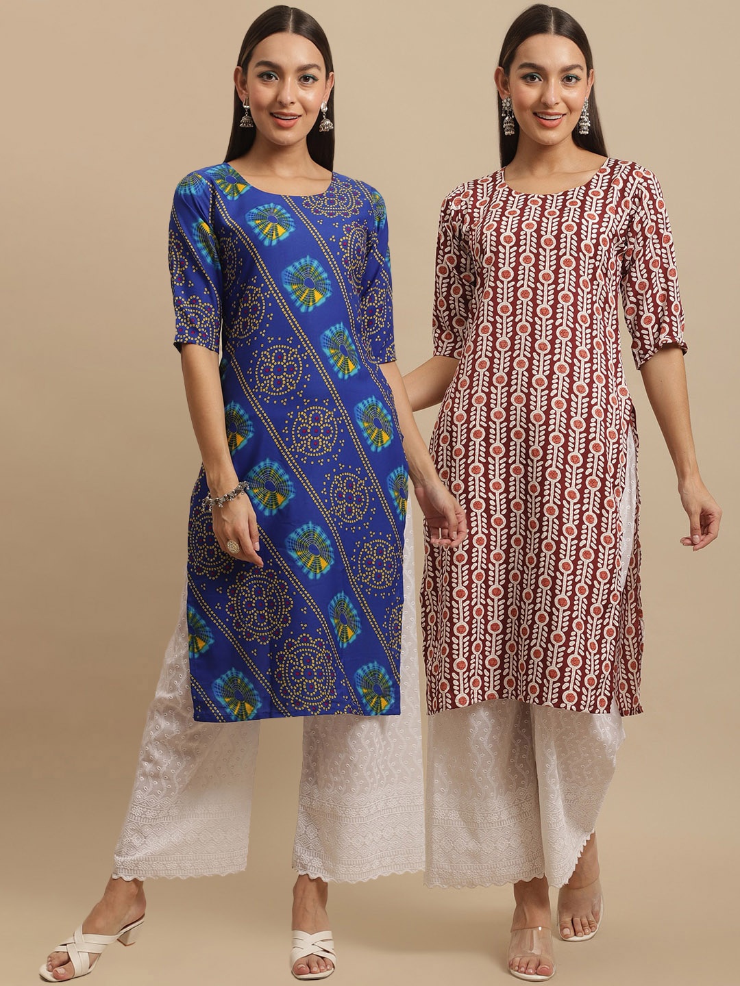 

7Threads Pack Of 2 Round Neck Bandhani Printed Crepe Straight Fit Kurtas, Blue