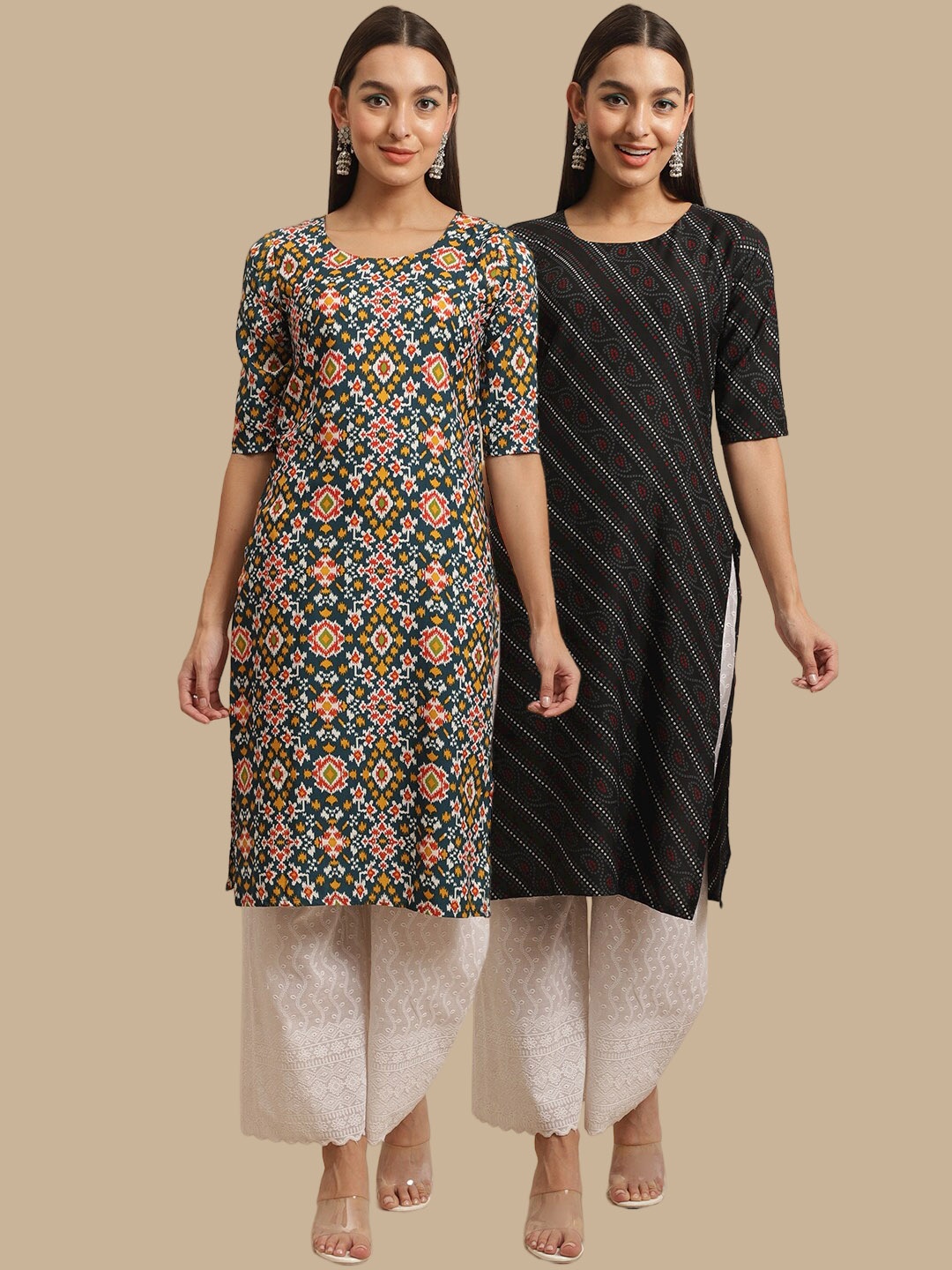 

7Threads Pack Of 2 Ethnic Motifs Printed Asymmetric Kurtas, Blue