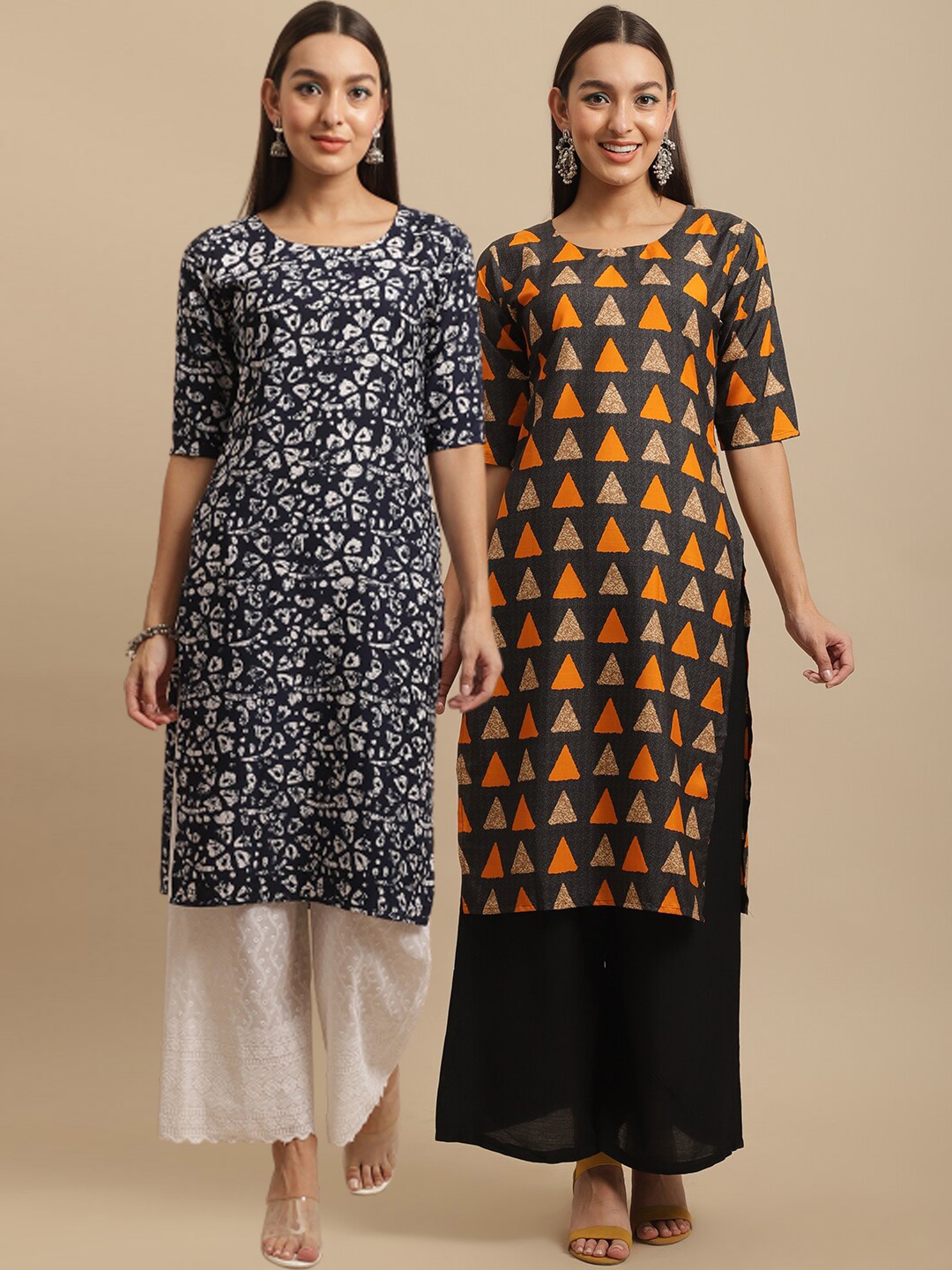

7Threads Pack Of 2 Geometric Printed Straight Crepe Kurtas, Black