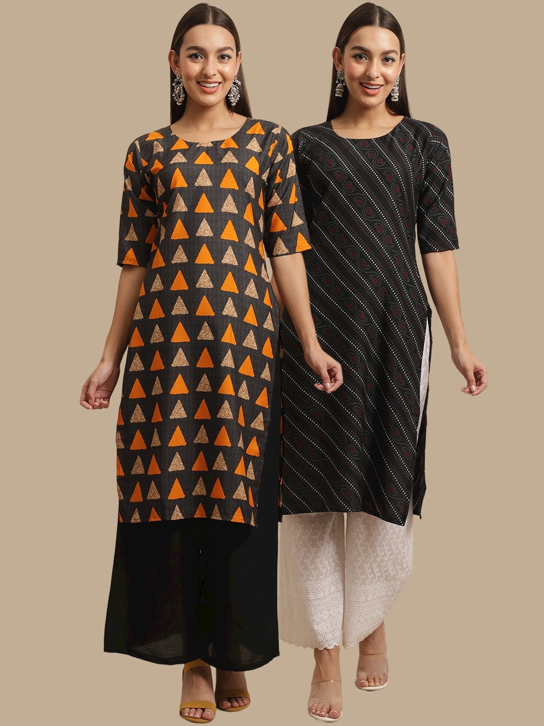 

7Threads Pack Of 2 Geometric Printed Straight Regular Crepe Kurtas, Black