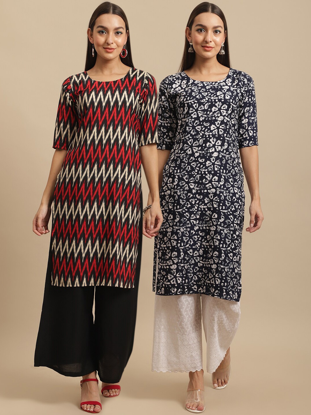 

7Threads Pack Of 2 Ethnic Motifs Printed Straight Regular Crepe Kurta, Red