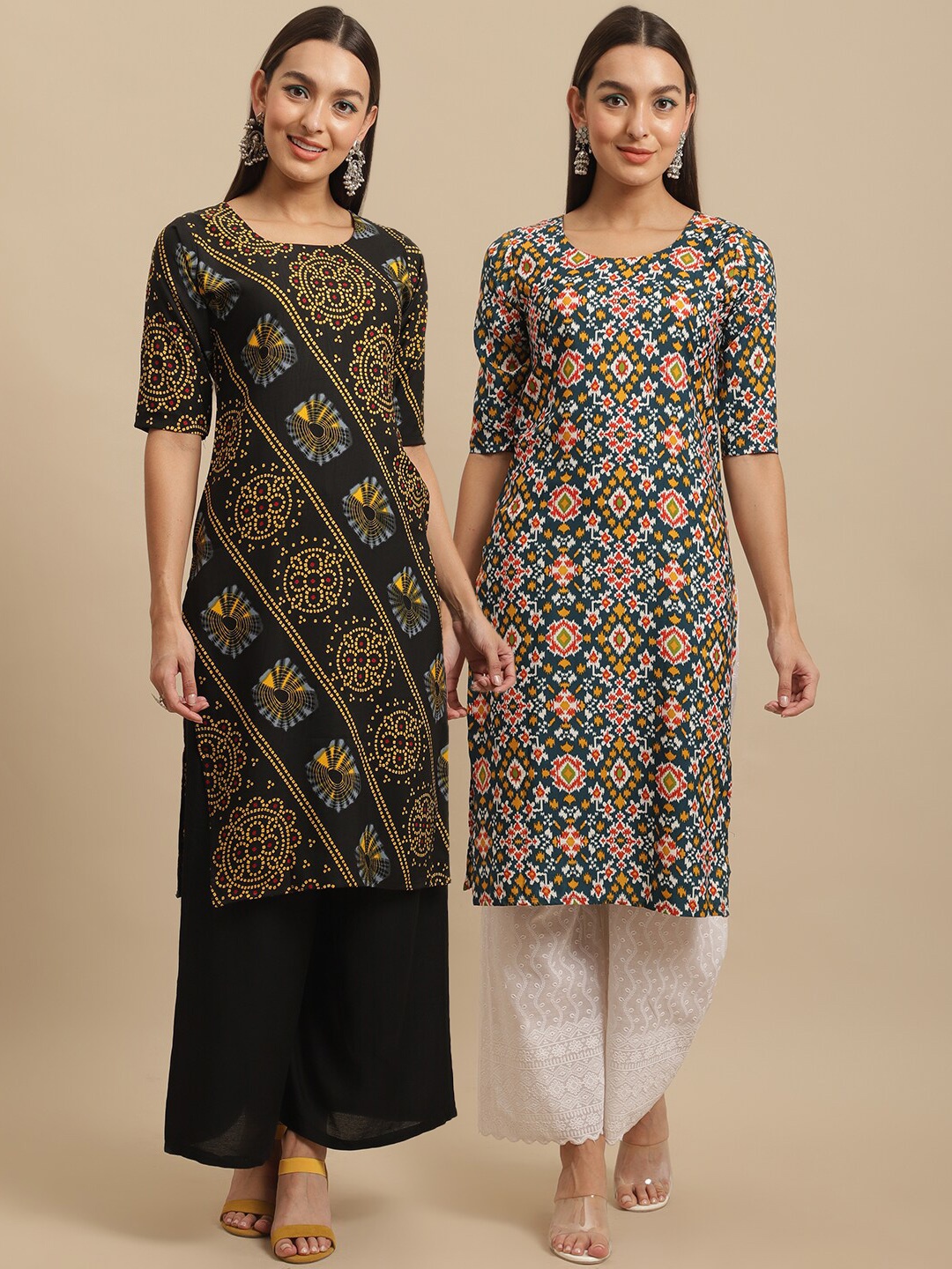 

7Threads Pack Of 2 Ethnic Motifs Printed Straight Regular Crepe Kurta, Black