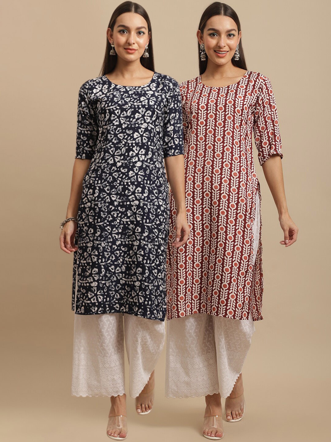 

7Threads Pack Of 2 Ethnic Motifs Printed Crepe Kurta, Navy blue