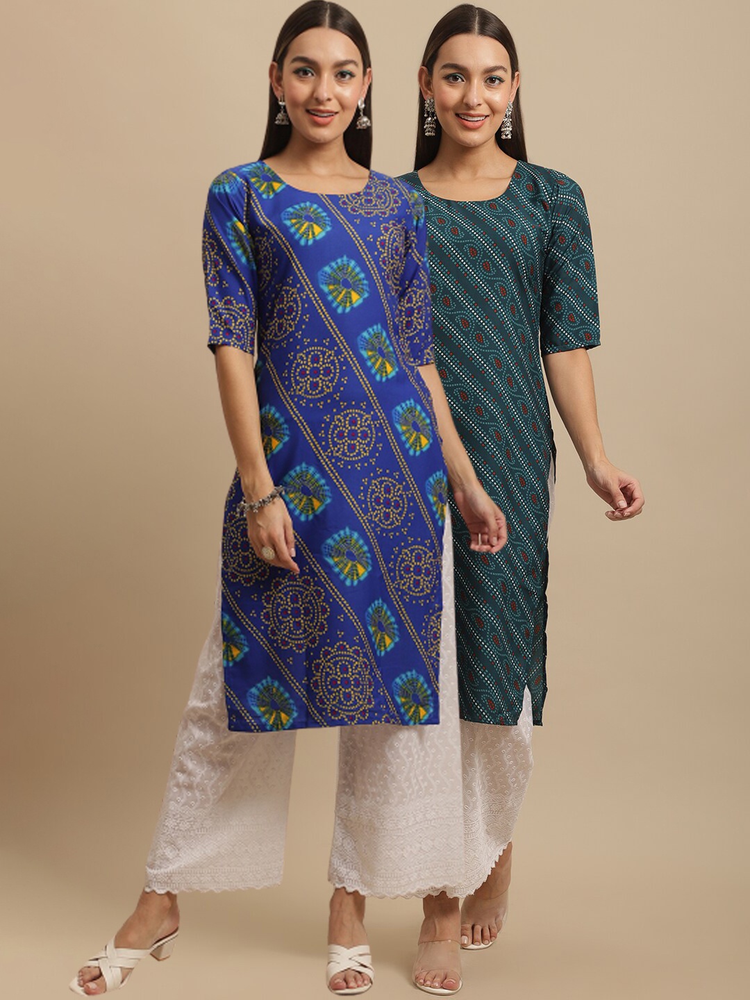7Threads Pack Of 2 Ethnic Motifs Printed Straight Crepe Kurta, Blue