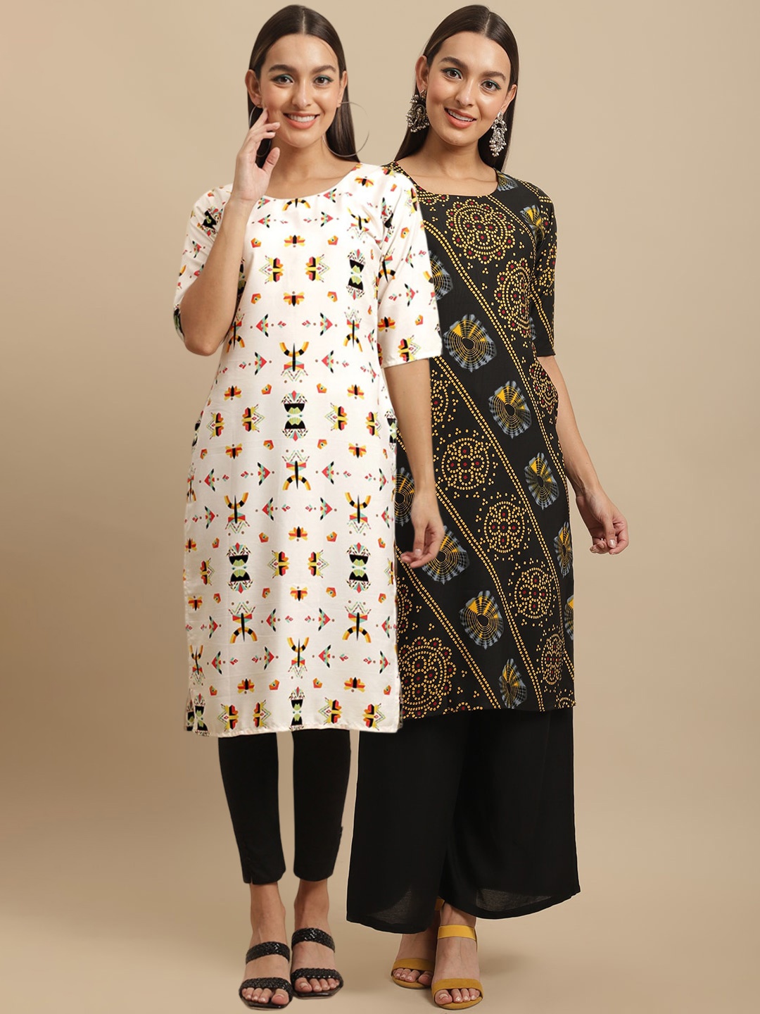 7Threads Pack Of 2 Geometric Printed Crepe Kurtas, White