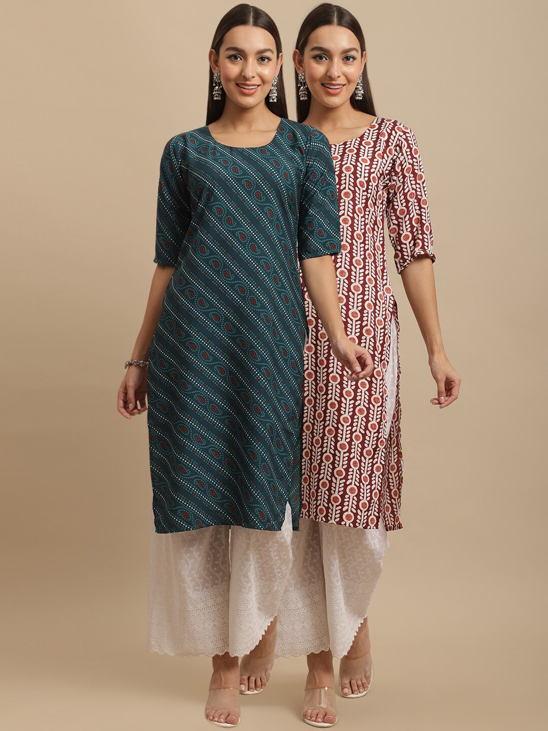 

7Threads Pack Of 2 Striped Crepe Kurta, Green