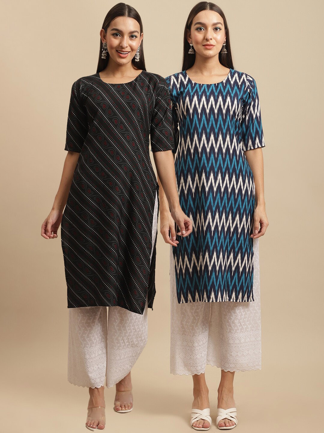 

7Threads Pack Of 2 Geometric Printed Straight Crepe Kurtas, Black