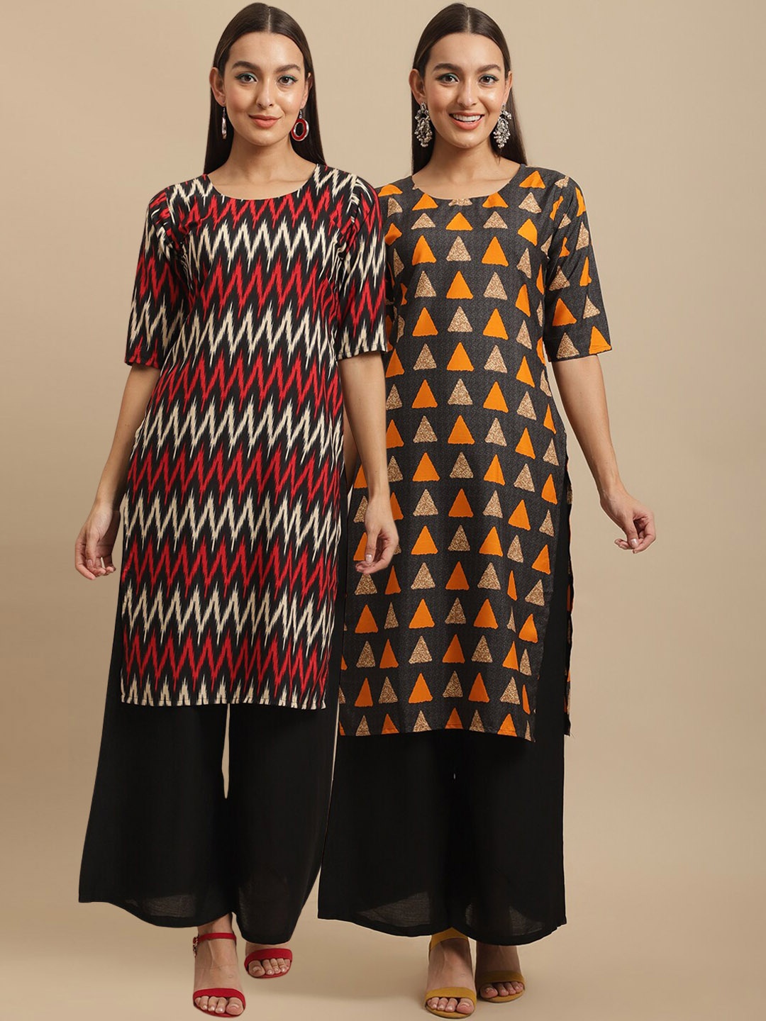 7Threads Women Red & Black Ethnic Motifs Printed Crepe Kurta