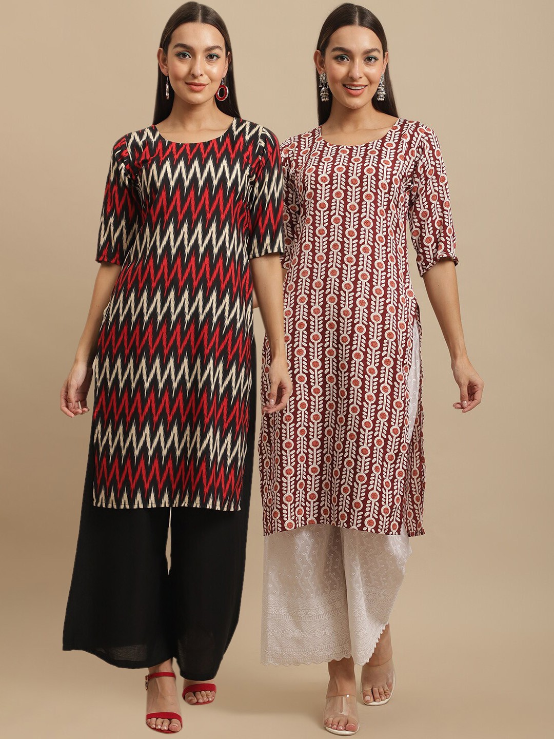 7Threads Women Red & Maroon Ethnic Motifs Printed Handloom Crepe Kurta
