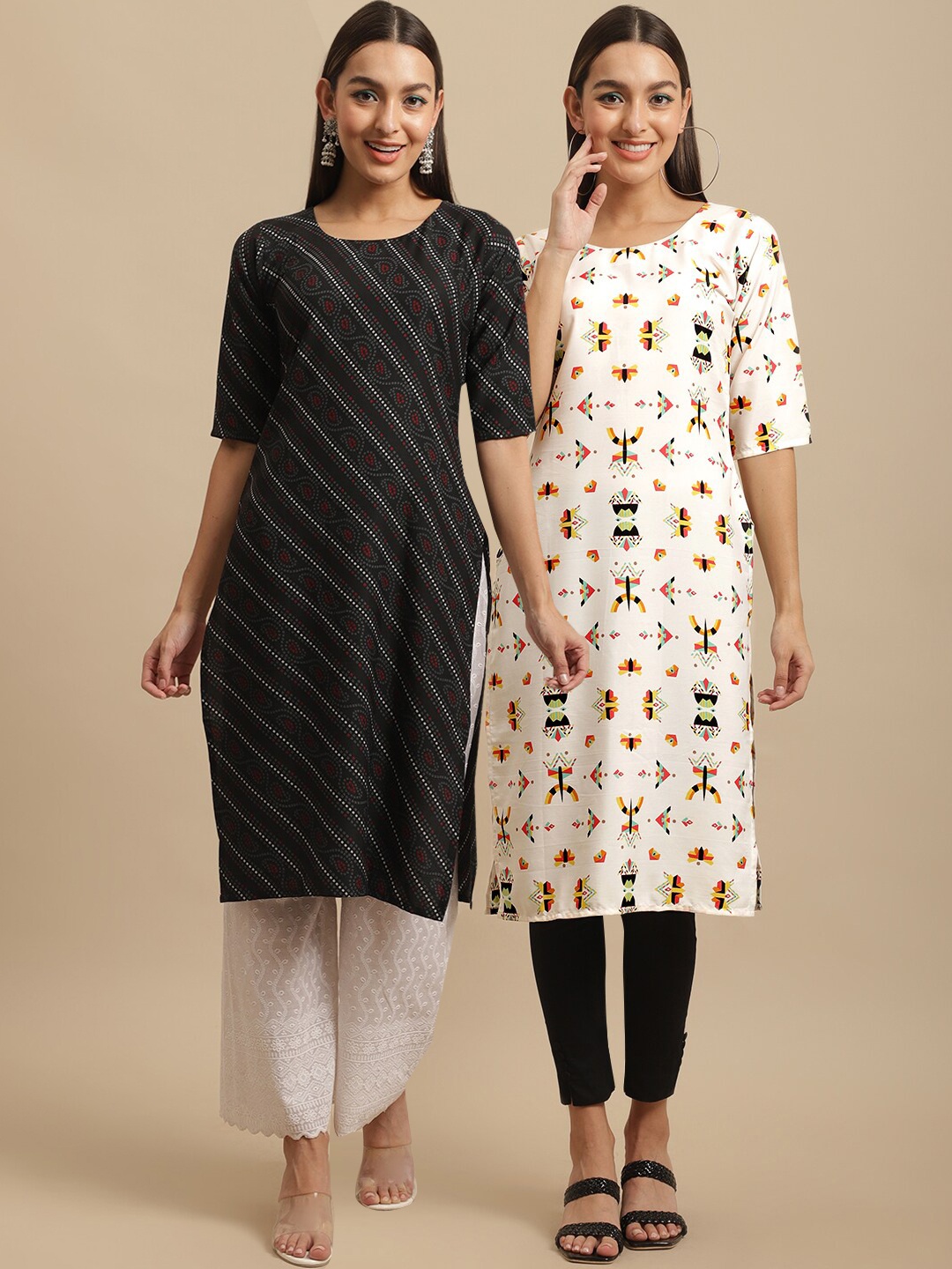 

7Threads Pack Of 2 Ethnic Motifs Printed Straight Regular Crepe Kurta, Black
