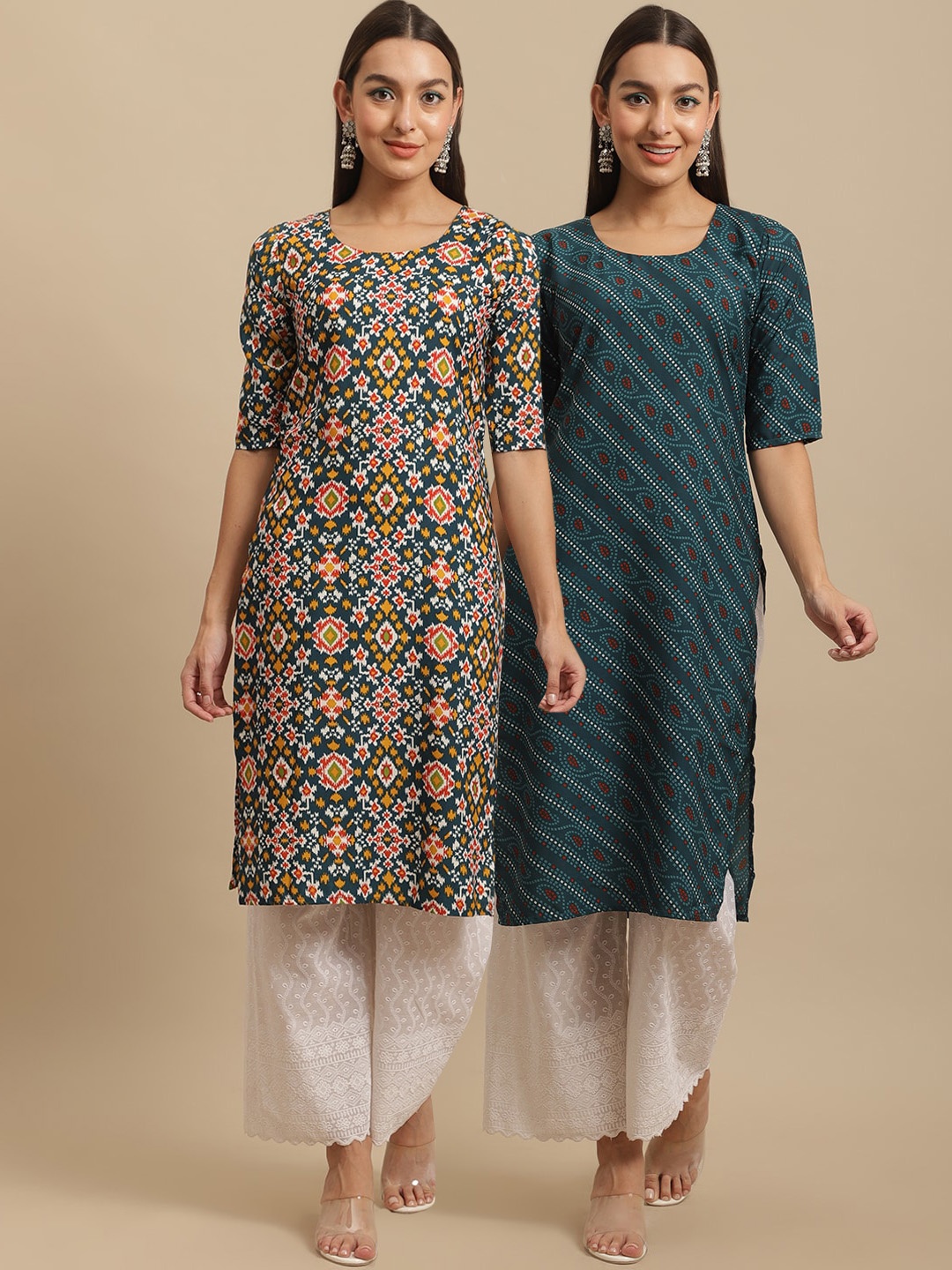 

7Threads Women Green & Blue Ethnic Motifs Printed Crepe Kurta