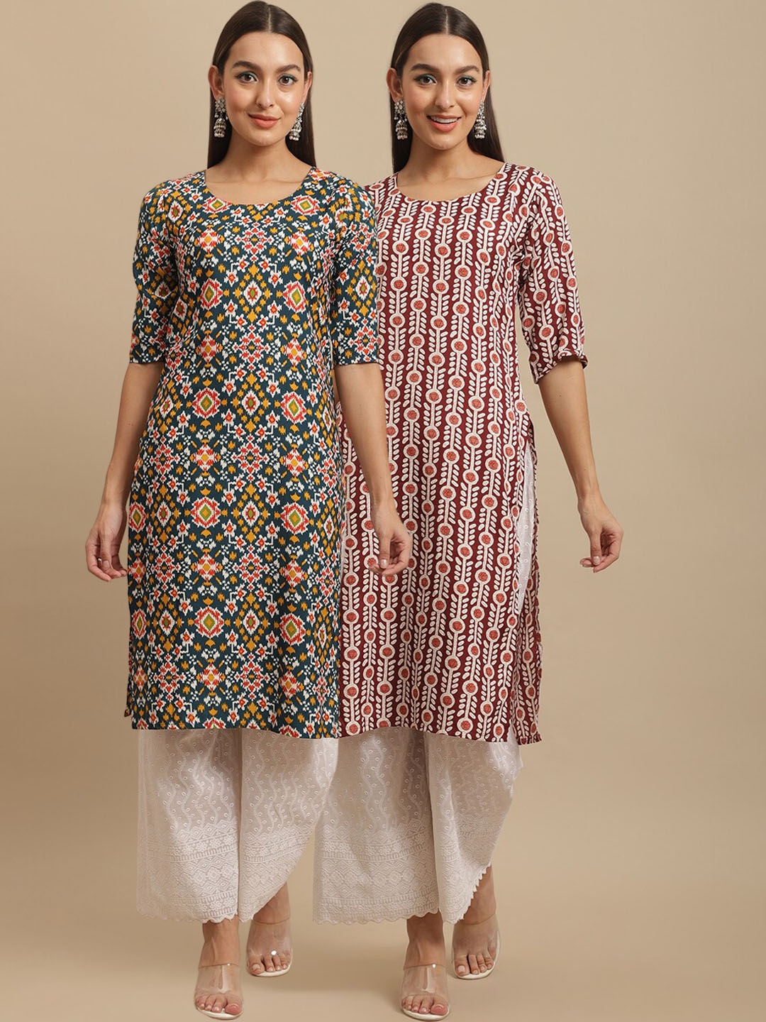 7Threads Women Green & Maroon Ethnic Motifs Printed Crepe Kurta