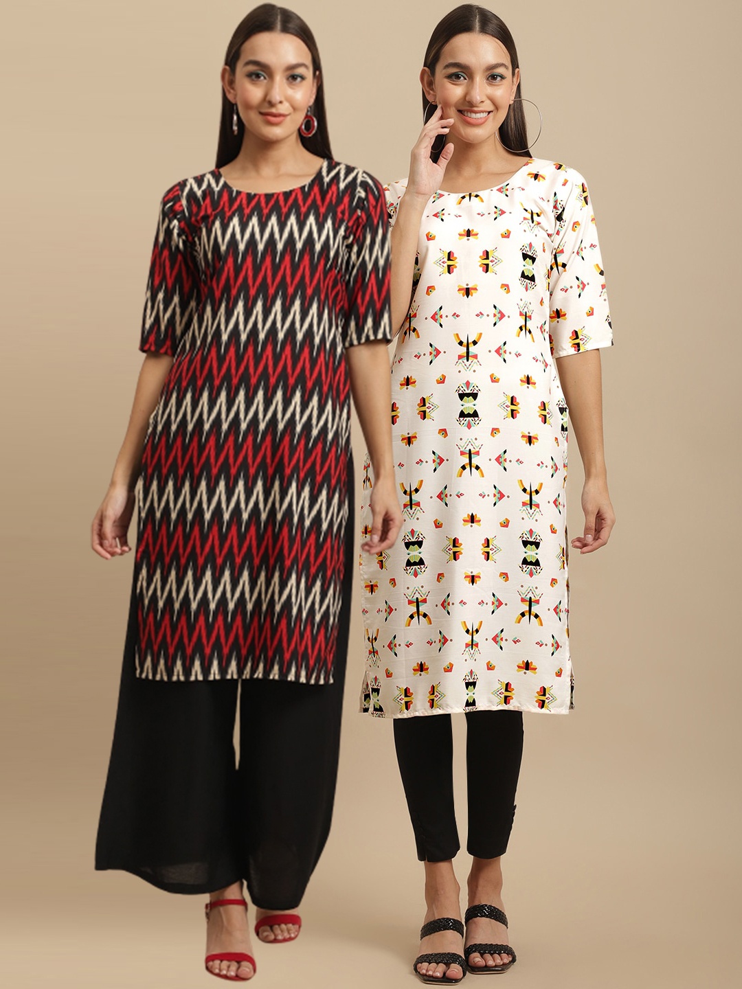 

7Threads Pack Of 2 Floral Printed Crepe Kurta, Red