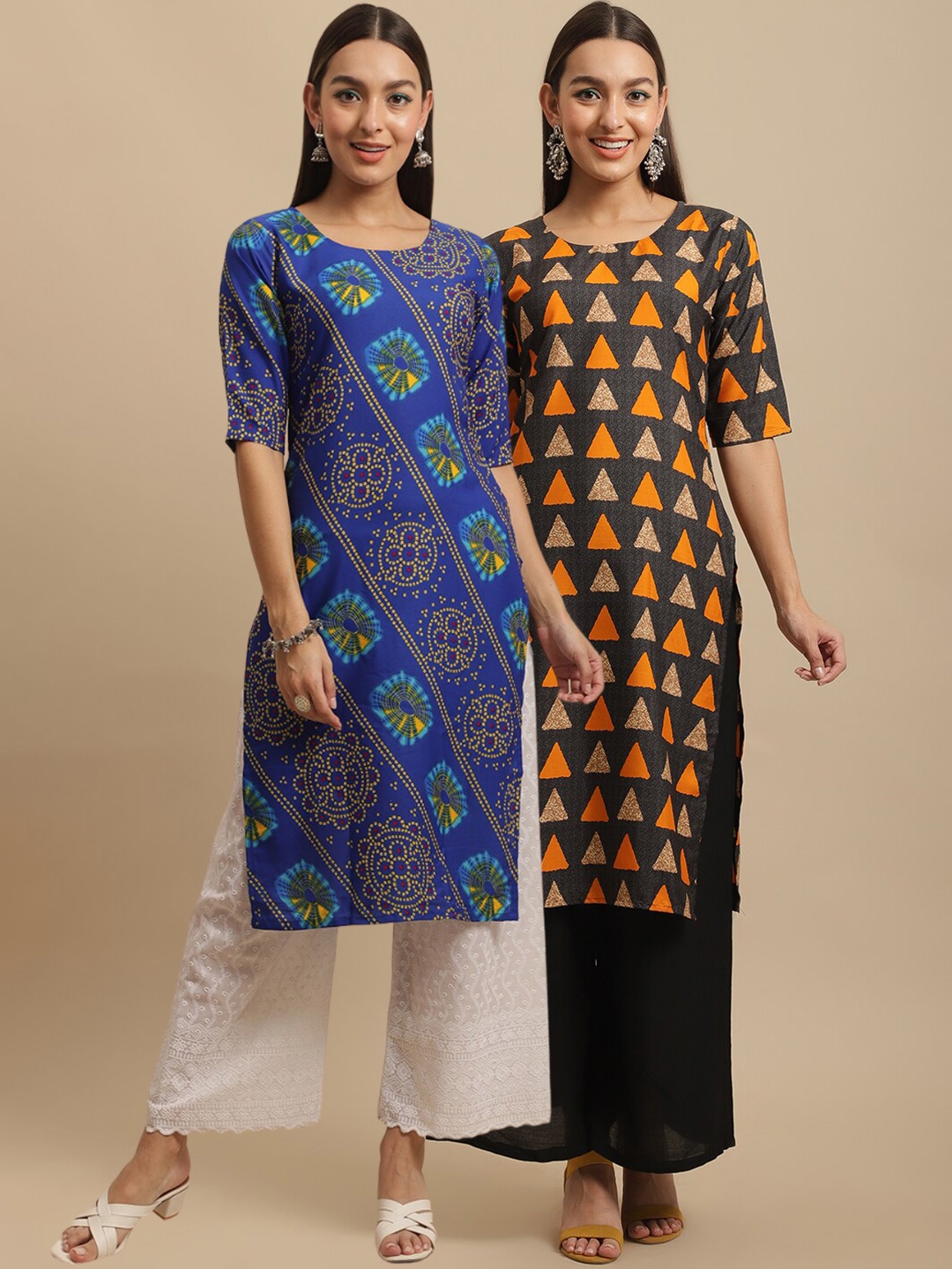 

7Threads Pack Of 2 Ethnic Motifs Printed Straight Regular Crepe Kurta, Blue