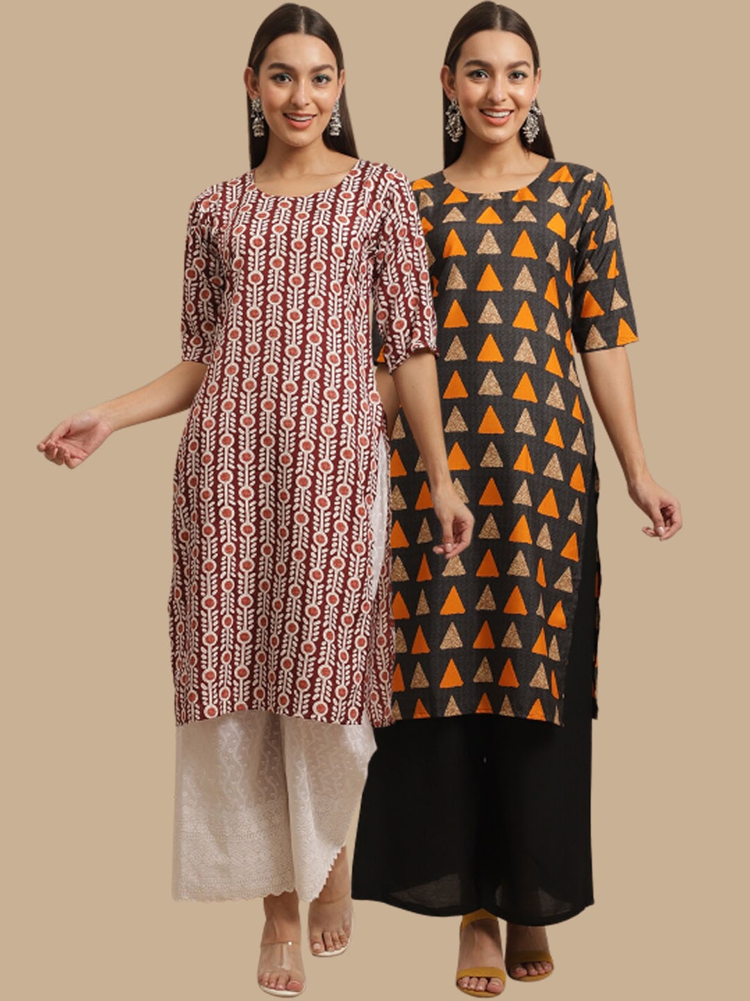 

7Threads Pack Of 2 Geometric Printed Straight Regular Crepe Kurta, Brown