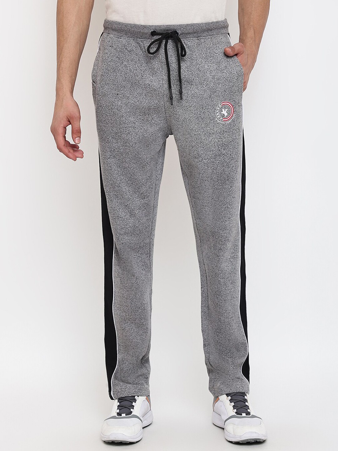 

Cantabil Men Grey Melange & Black Printed Cotton Regular Fit Sports Track Pants