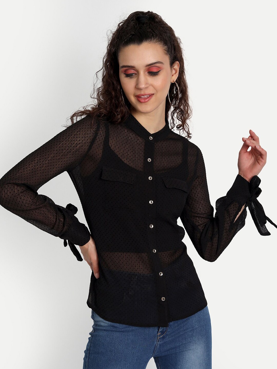 

ESSQUE Black Mandarin Collar Chiffon Shirt Style Top